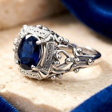 Victorian Simulated Sapphire Ring 925 Sterling Silver Vintage Design 1127 picture