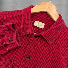 L.L.Bean 60s True Vintage Script Wool Shirt Red Houndstooth Button Up Large picture