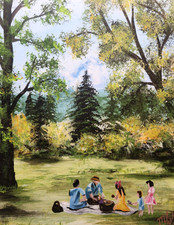Vintage Family Picnic Painting 16x20 Original Impressionist Landscape M Isaksen picture