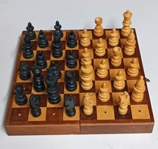 Antique 1930 German Chess Set Travel Wooden Pegged Folding Board Complete 32pc picture
