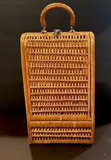 Vintage Mid Century Wicker Picnic Bottle Basket Wine Holder Rattan Woven Handle picture