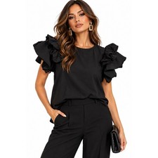Gracia Black Ruffle Sleeve Cotton Poplin Blouse Top Size Medium picture