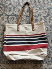 VTG LL Bean Boat N Tote Canvas Bag Large Red White Blue Leather Handles Striped picture