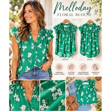 Melloday Women's Medium Green Floral Ruffle Split Neck Flutter Sleeve Blouse Top picture
