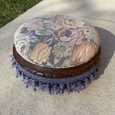 Antique Victorian Revival Needlepoint Footstool Purple tassels Carved Border picture