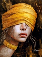 Original Acrylic hand painted ART woman potrait golden scarf small painting OOAK picture