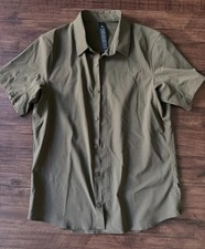 Lululemon Airing Easy Short Sleeve Shirt Mens Large WovenAir Olive Green Button picture