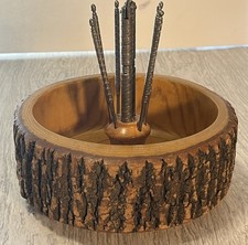 Vintage Nut Cracker Set Wooden Log Bark Bowl With Cracker & 9 Picks picture