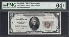 1929 $20 MINNEAPOLIS FRBN. PMG Choice Uncirculated 64 EPQ Banknote. picture