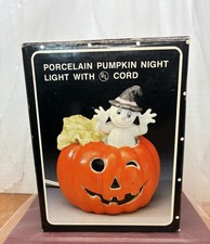 Vtg Brinn's Porcelain Halloween Pumpkin Ghost Night Light Corded Lamp W/ Box picture