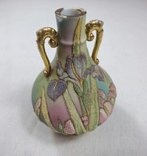 Antique Royal Kinran Nippon Coralene Iris 1909 Japanese Porcelain Vase 5in picture