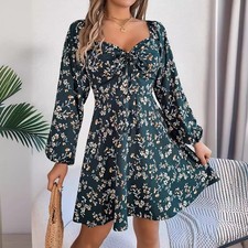 Fashion Floral Print Lantern Sleeve Dress Casual Sexy Tie Square Neck Long Sleev picture