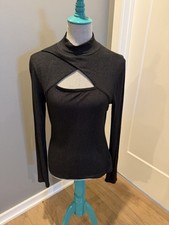 Paige Sonata Top Black Metallic Cutout Long Sleeve Mock Neck Shirt Size LG picture