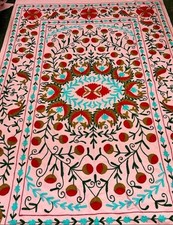 Handmade Pink Suzani Embroidered Textile Floral Throw Tablecloth Bedspread Boho picture