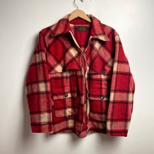 Vintage 60s PNW Wool Mackinaw Hunting Jacket Red Plaid Medium Heritage Workwear picture