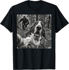 Basset Hound Selfie Running from Bigfoot Funny Forest T-Shirt picture