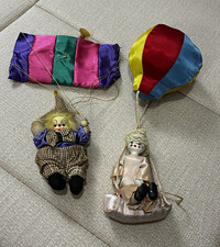 VTG 1980s Hanging Clown Decor Lot — Porcelain Pierrot & Plaid Parachute Clown picture