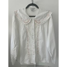 Together Vintage White Cotton Embroidered Lace Peter Pan Collar Blouse L picture