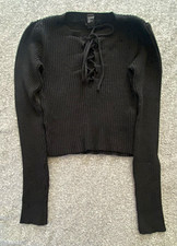 655-Forever 21 Women's Black Ribbed Knit Lace-Up V-Neck Cropped Sweater S picture