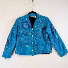 VTG 90s Chicos Design Embroidered Silk Jacket Teal Blue Celestial Sun Boho Sz 1 picture
