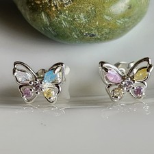 925 Sterling Silver Multicolor Topaz Butterfly  7x8mm Earrings Gemstone Girls picture