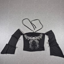 Romwe Black Cyber Y2K Graphic Halter Flared Sleeve Top Small Off Shoulders picture