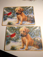 Vintage Cork-Back Rectangular Slip-Proof Coasters, Golden Retriever & Cardinal picture