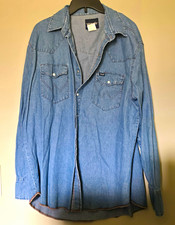 vintage Wrangler Men's Cotton Denim Long Sleeve Button-Up Shirt Blue XL Regular picture
