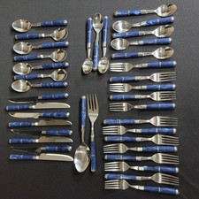 Vintage MCM Blue Marble Stainless Steel Flatware Set 38 Pieces Taiwan Silverware picture