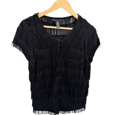 Vintage Y2K INC Black Flapper Tiered Fringe Hook Front Cardigan Top picture