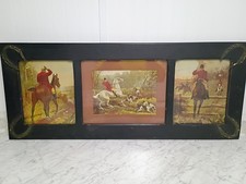 Antique c.1910 TRIPTYCH Equestrian English Fox Hunt 38 X 15.5 Hand-Nailed Frame picture