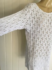 White COTTON Chunky Hand knit Mini DRESS long TOP 90s Vintage 3/4 sleeve Beach picture