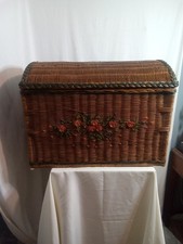 VTG Mid Century Extra Large Wicker Basket Trunk Chest Ratton With Leather Roses picture