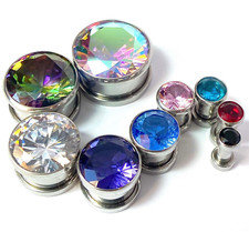 PAIR Large Gem Screw Fit Tunnels Plugs Gauges Earlets Piercing Body Jewelry picture
