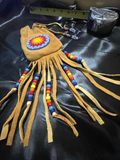 Handmade beaded leather drawstring pouch bag with fringe, multicolor beads picture