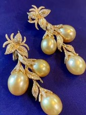 Gorgeous HUGE AAAAA 8-9mm gold south sea Floral Teardrop Pearl Earrings 925s picture