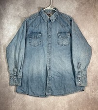 VINTAGE Big Mac Denim Shirt Mens 2XL Blue Long Sleeve Pearl Snap Faded 70s USA picture