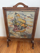 Vintage 1930s Mission Oak Fireplace Screen Nautical Ship Needlepoint Free Stand picture