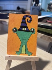 ACEO Original Art, Frog with Witch Hat, Acrylic Marker Painting picture
