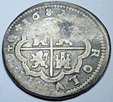1682 Spanish Silver 2 Reales Genuine Antique Two Bit 1600's Colonial Pirate Coin picture