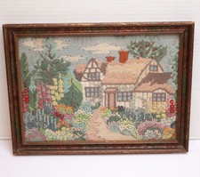 Antique Handmade Framed Crewel Embroidery English Flowers Cottage Garden Art picture