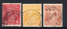 Australia 1914-20 1d, 4d and 5d Sideface values SG 21, 22b and 23 FU CDS picture