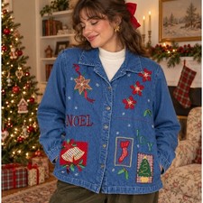 Vintage S Denim Shirt Embroidered Christmas Jacket Holiday 90s Granny Whimsical picture