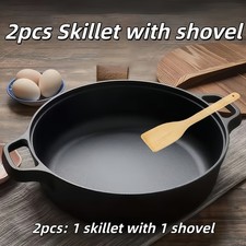 2pcs Deep Cast Iron Skillet with 2 Handles and Shovel, Flat Bottomed Frying Pan picture