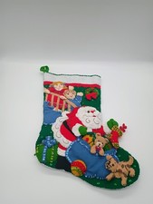 VTG Handmade Felt Santa & Toy Sack Christmas Stocking Appliqued Sequines & Beads picture
