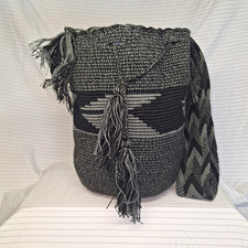 Authentic Handmade Wayuu Mochila Bag Charcoal Grey Black Unisex Tribal Crossbody picture