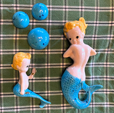 Vintage MCM Ceramic Mermaids & Bubbles 5-Piece Plaque Set Wall Decor  picture