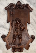 Antique Hand Carved Wood Wall Plaque Renaissance Soldier Musketeer 17