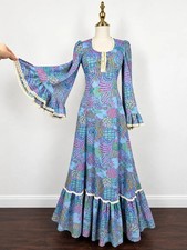 Vintage 60s 70s Psychedelic Hippie Boho Lace Bell Sleeve Maxi Dress XS picture