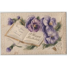 Antique 1915 Birthday Postcard Purple Pansies Embossed Gold Gilt Germany picture
